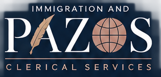 Pazos Immigration and Clerical Services logo with gold quill and rose-gold globe